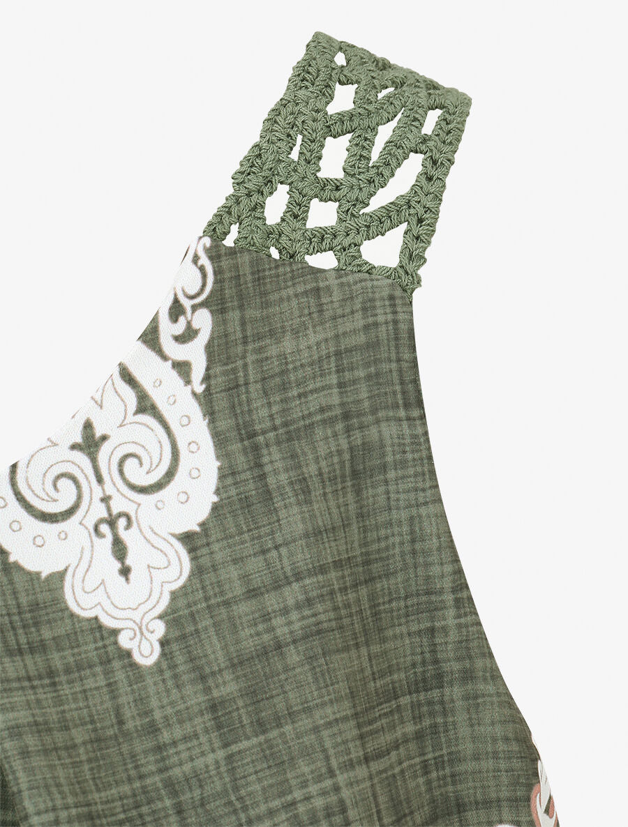 Top imprimé graphique et bretelles en crochet - Kaki - 3