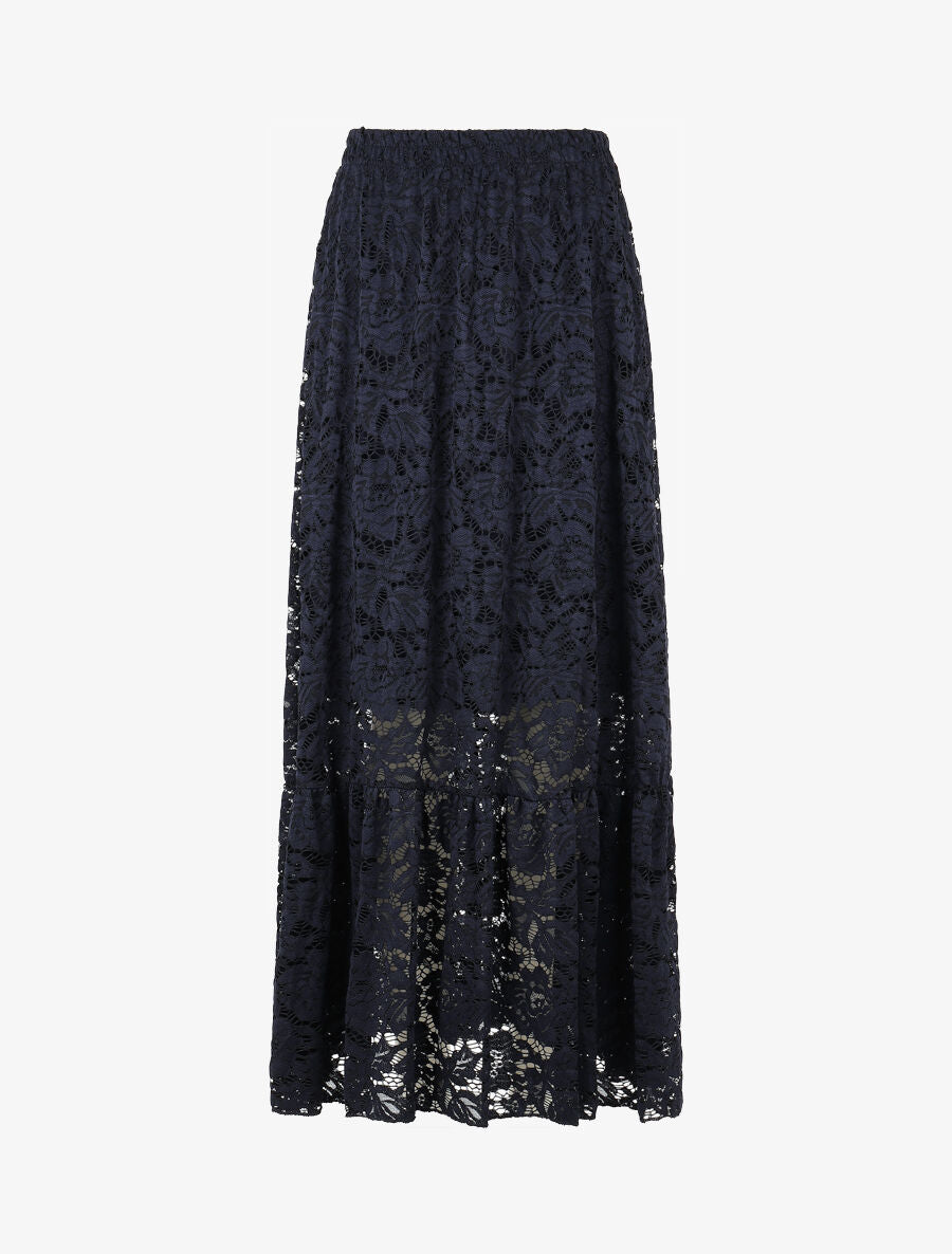 Jupe longue unie en dentelle - Marine - 1