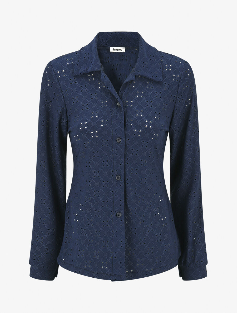 Chemise ajourée à manches longues - Marine - 1