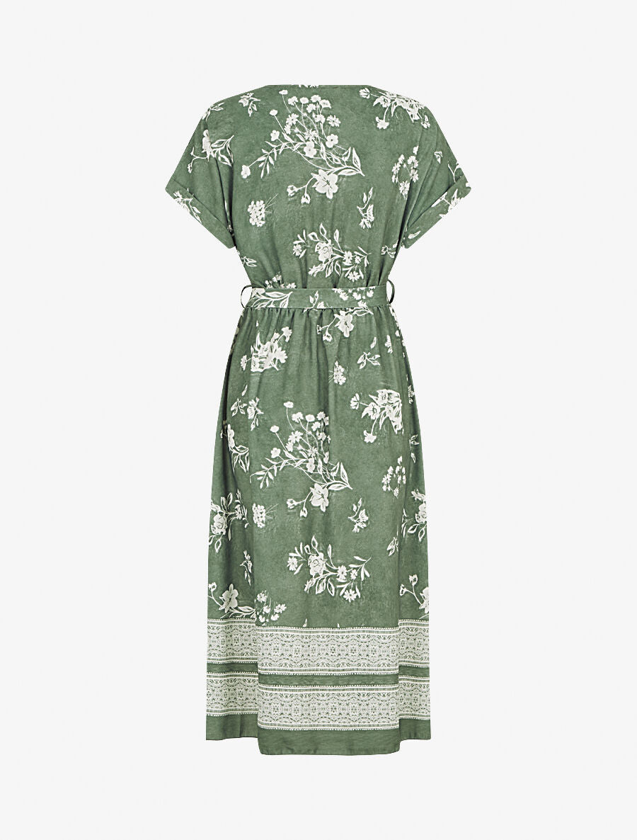 Robe longue manches courtes motif floral - Kaki - 2