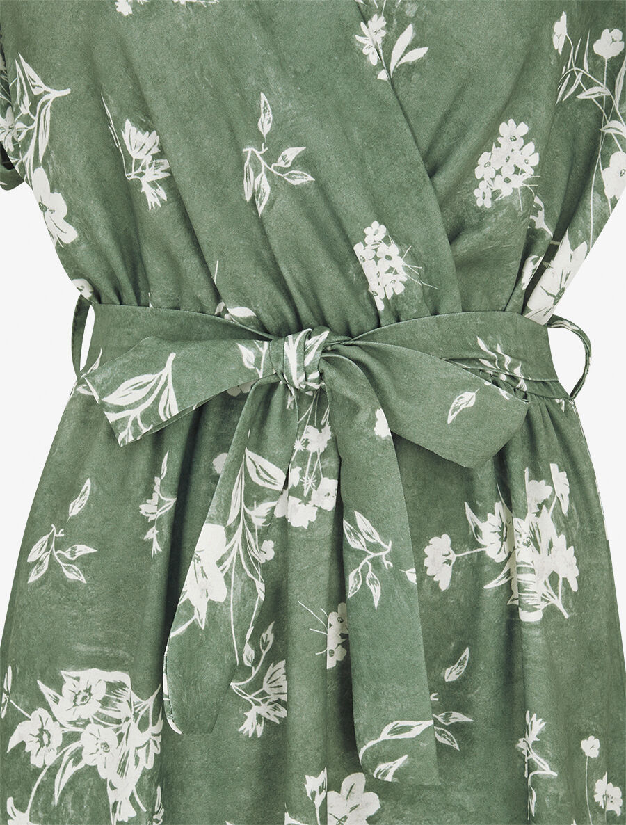 Robe longue manches courtes motif floral - Kaki - 3