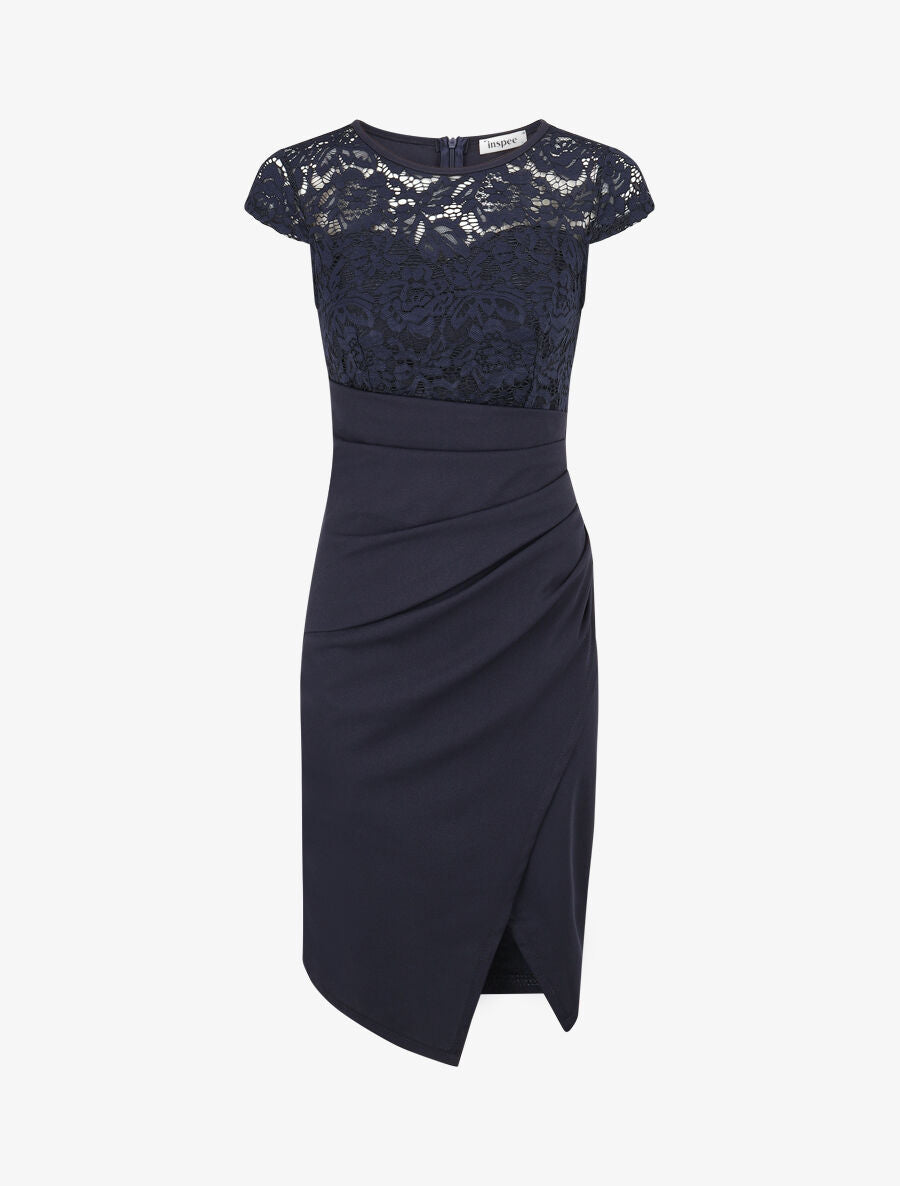 Robe portefeuille à buste dentelle - Marine - 4