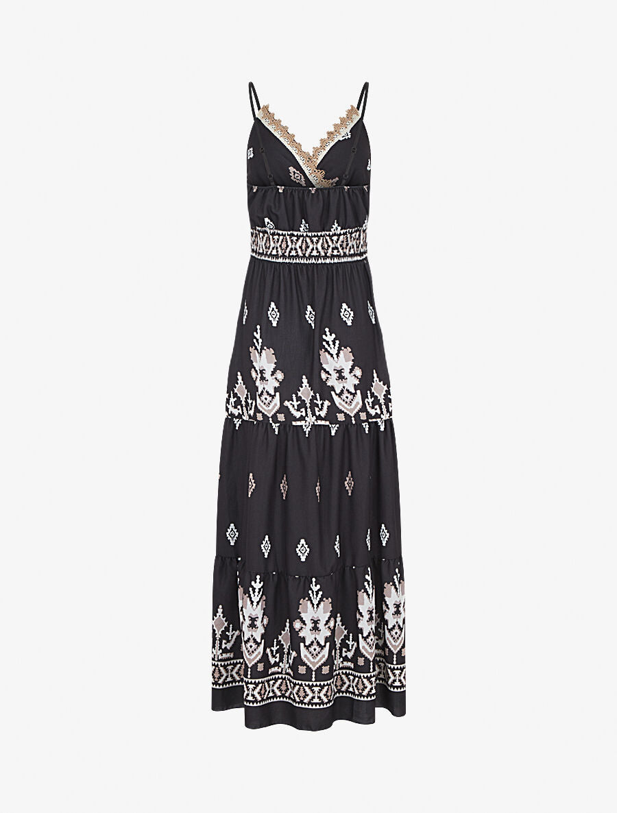 Robe longue à taille élastiquée imprimé ikat - Noir - 2