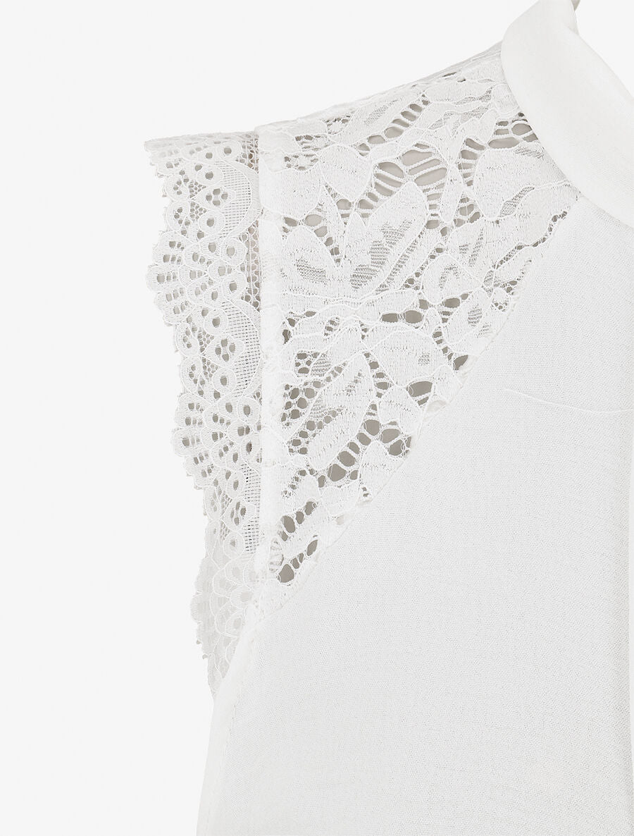 Top sans manches à dentelle et detail plissé - Blanc - 3