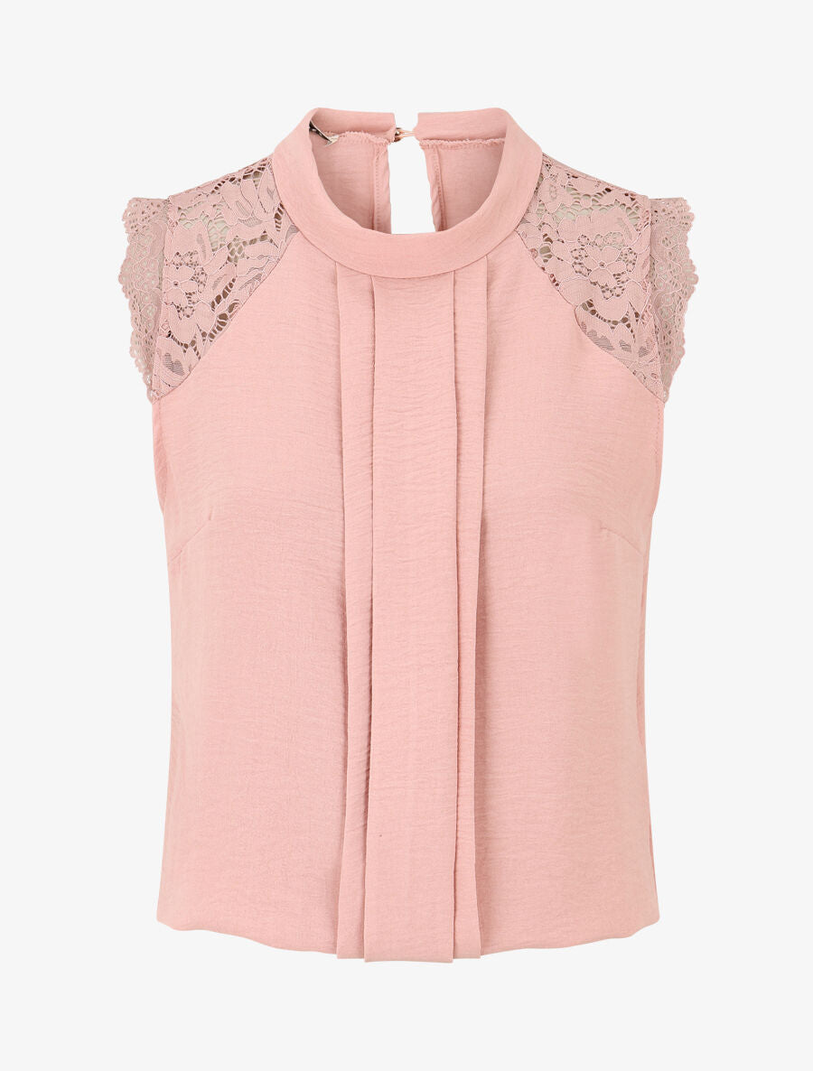 Top sans manches à dentelle et detail plissé - Rose - 1