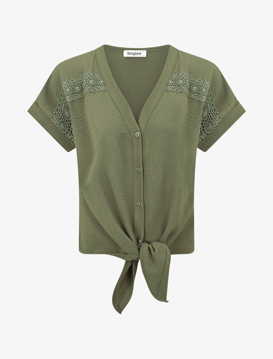 Blouse unie à nouer et détail broderies - Kaki - 4