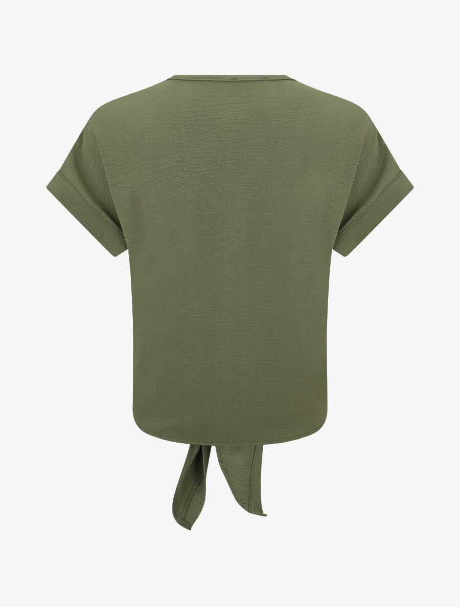 Blouse unie à nouer et détail broderies - Kaki - 2