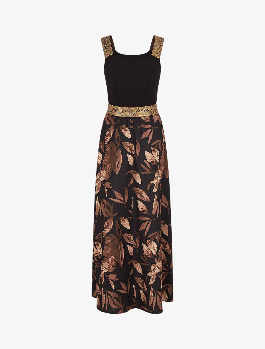 Robe longue à bretelles imprimé feuilles - Noir - 2