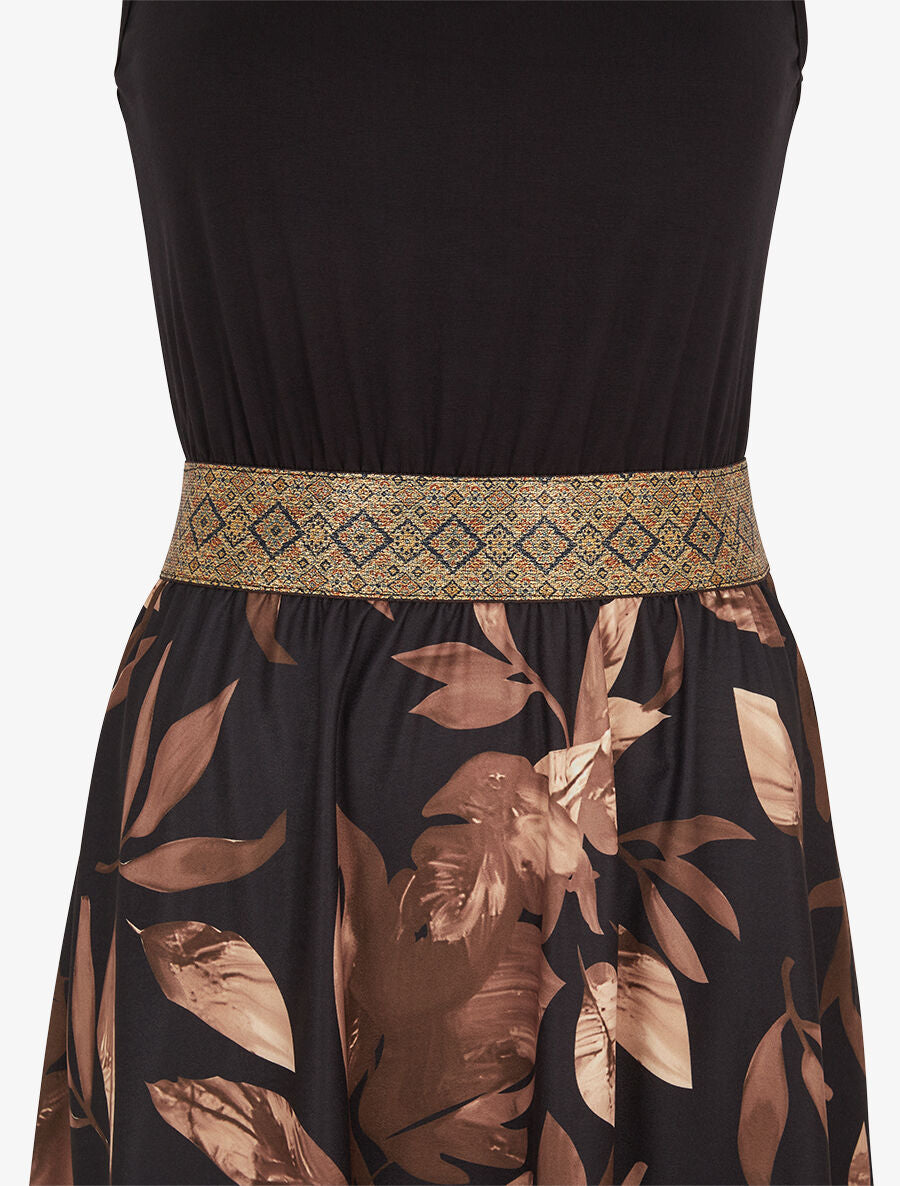 Robe longue à bretelles imprimé feuilles - Noir - 3