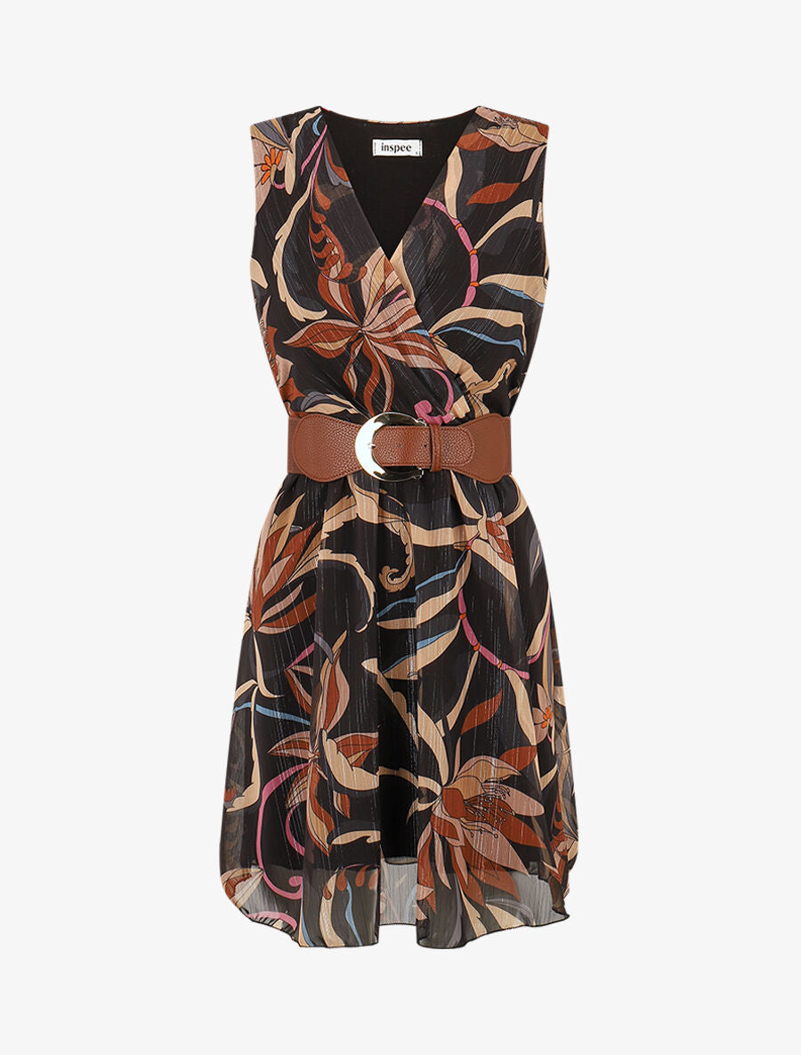 Robe courte sans manches imprimé floral irisé - Noir - 1