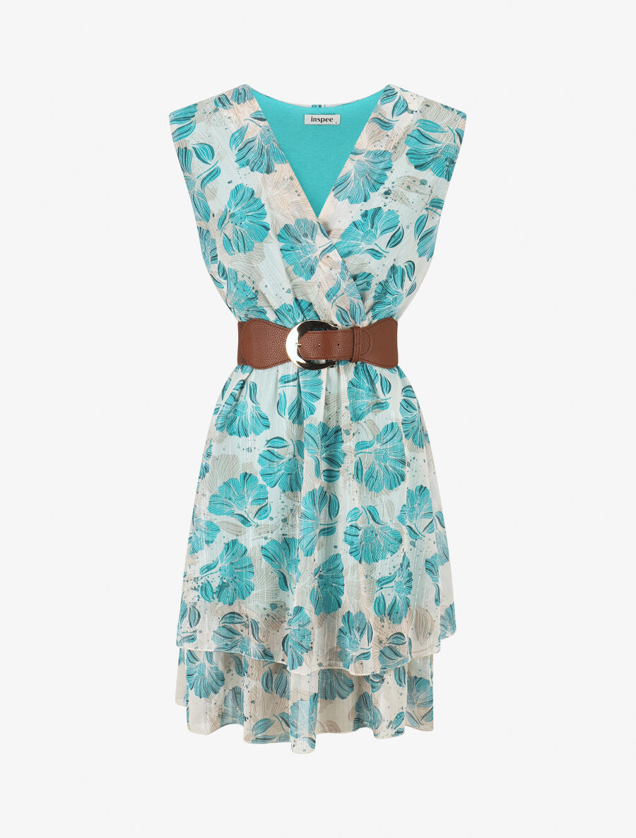 Robe irisée sans manches à imprimé fleurs - Turquoise - 1