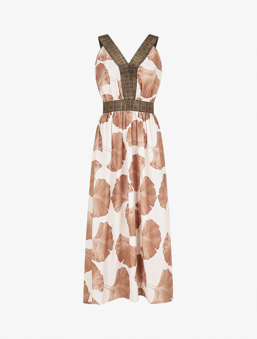 Robe longue à détail irisées et imprimé floral - Camel - 1