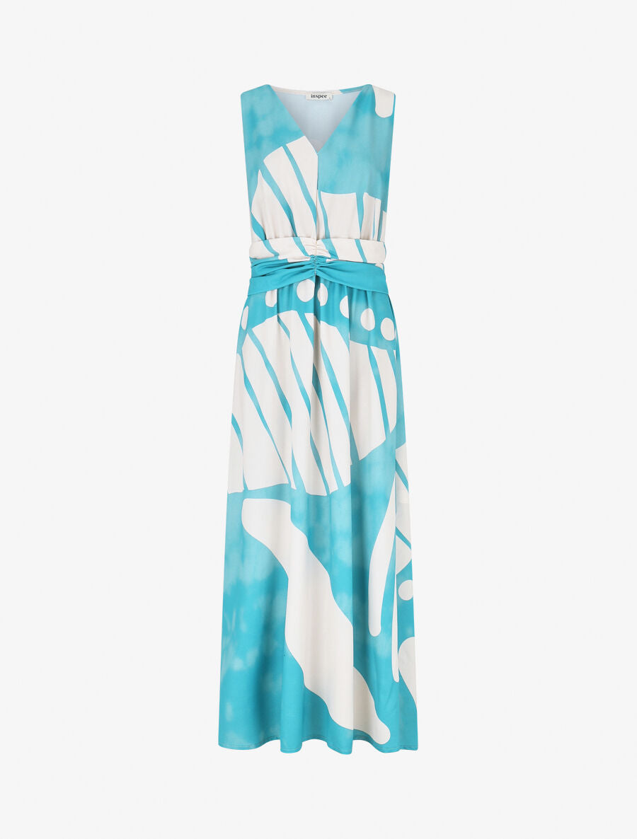 Robe longue élastiquée imprimé fantaisie - Turquoise - 1