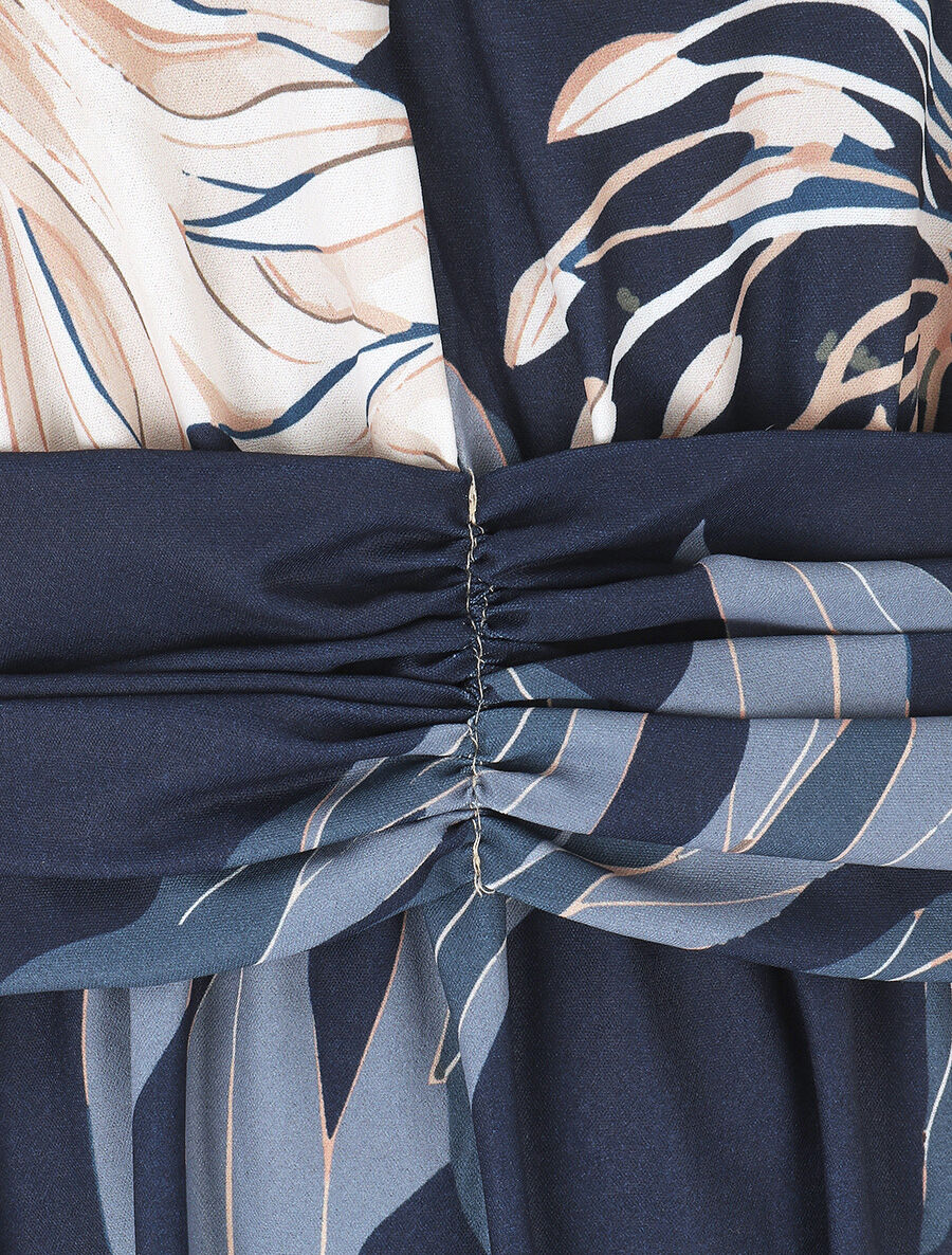 Robe longue élastiquée imprimé floral - Marine - 3