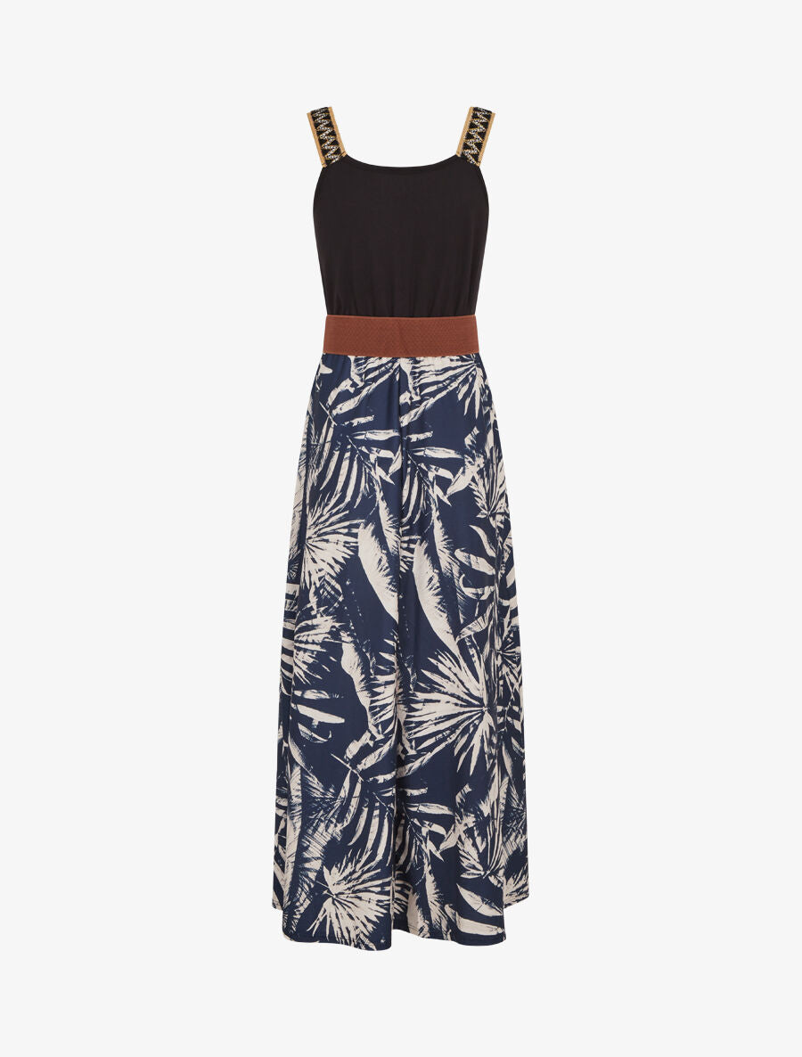 Robe longue à bretelles brodées imprimé tropical - Marine - 2