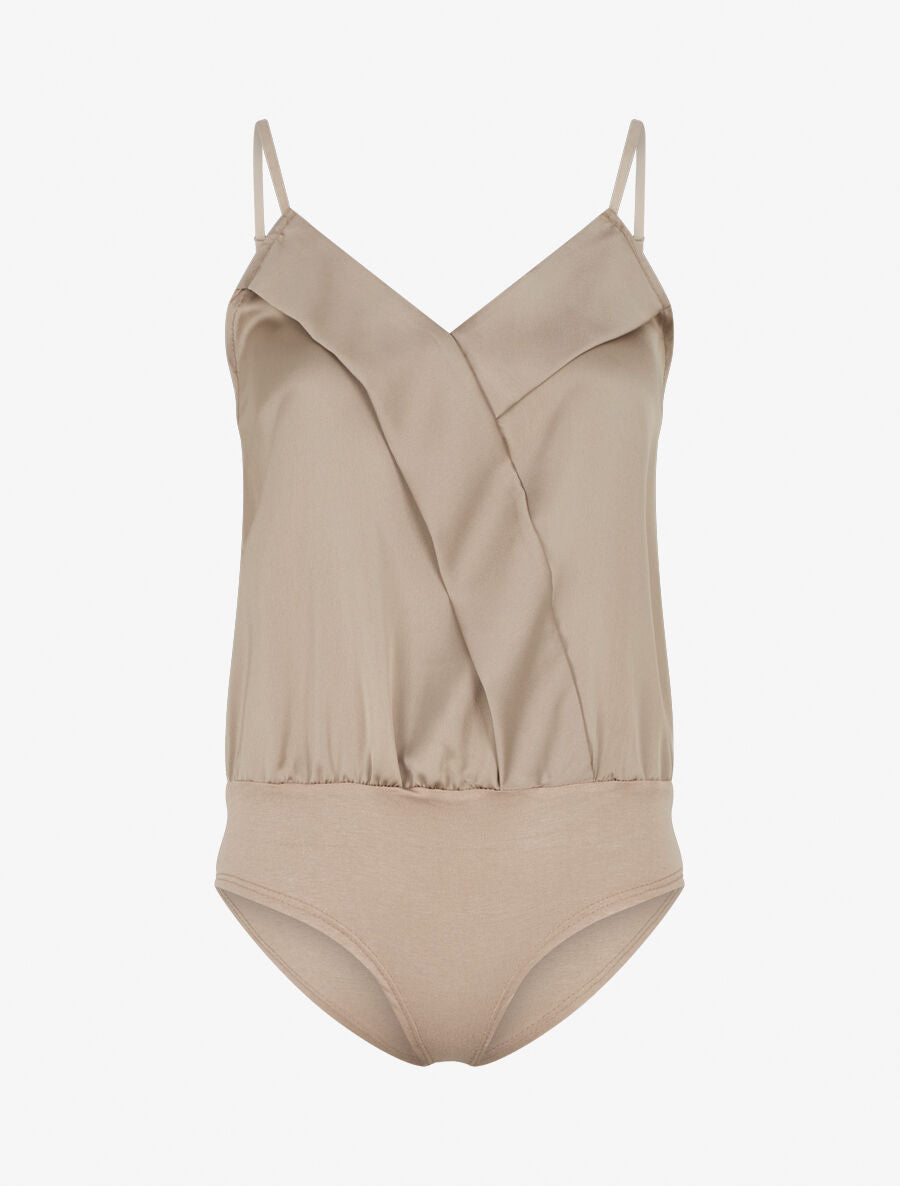 Body satiné à col V et fines bretelles - Taupe - 4