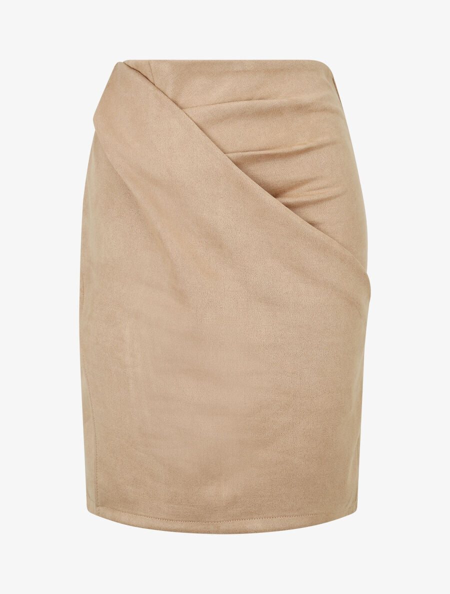 Jupe courte en suédine effet drapé - Beige - 4
