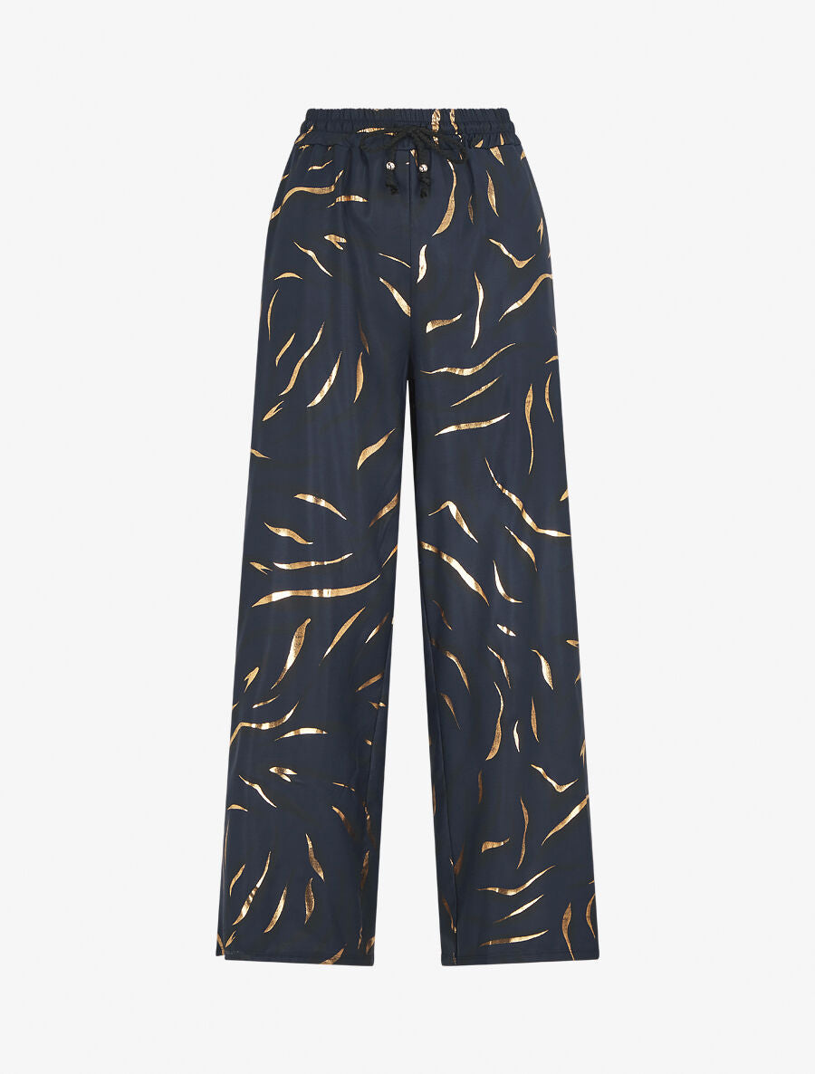 Pantalon satiné taille haute à motif doré - Marine - 1