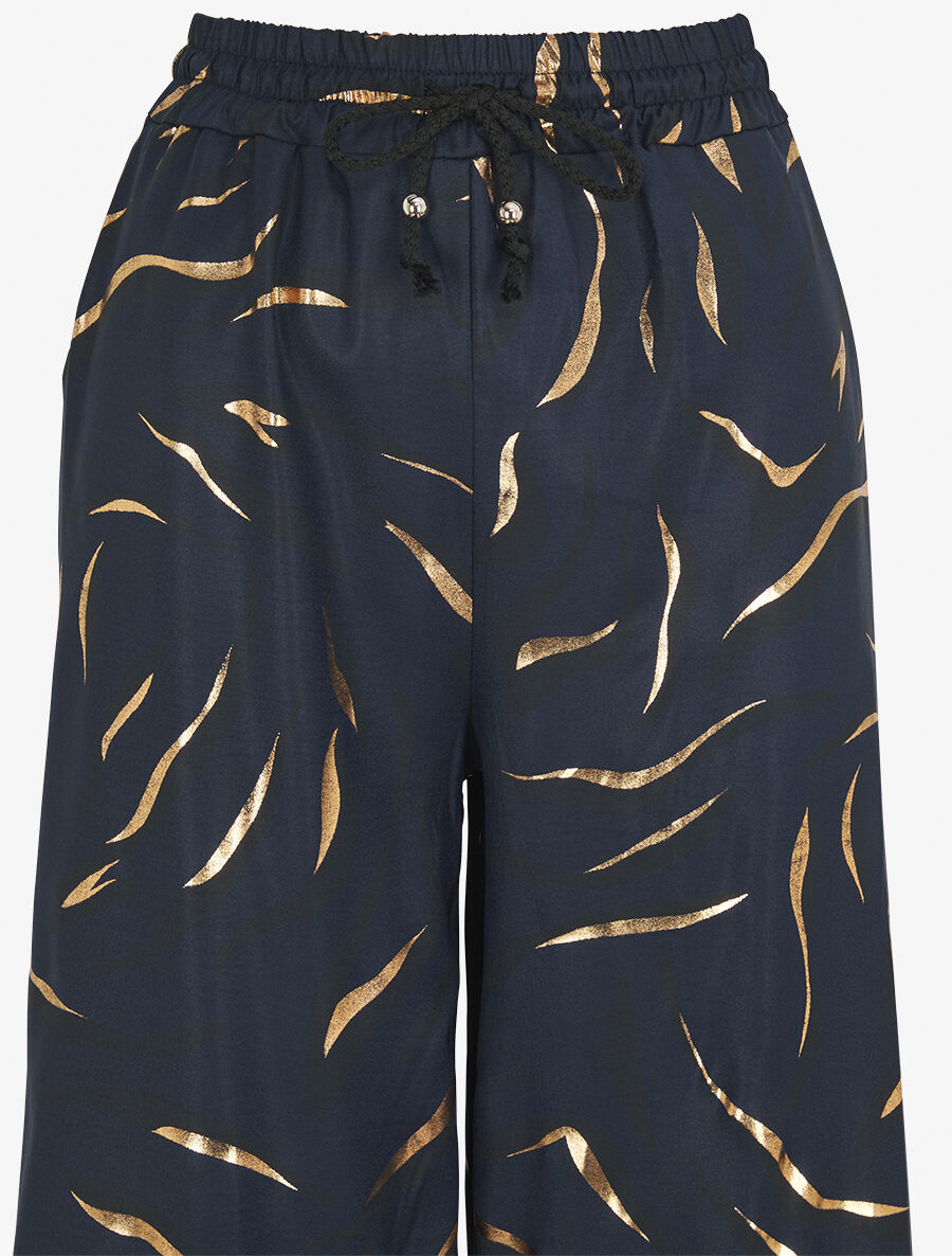 Pantalon satiné taille haute à motif doré - Marine - 3