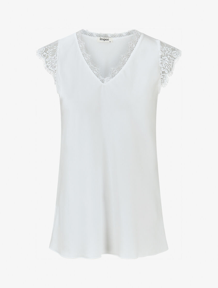 Top satiné à épaules en dentelle - Blanc - 1