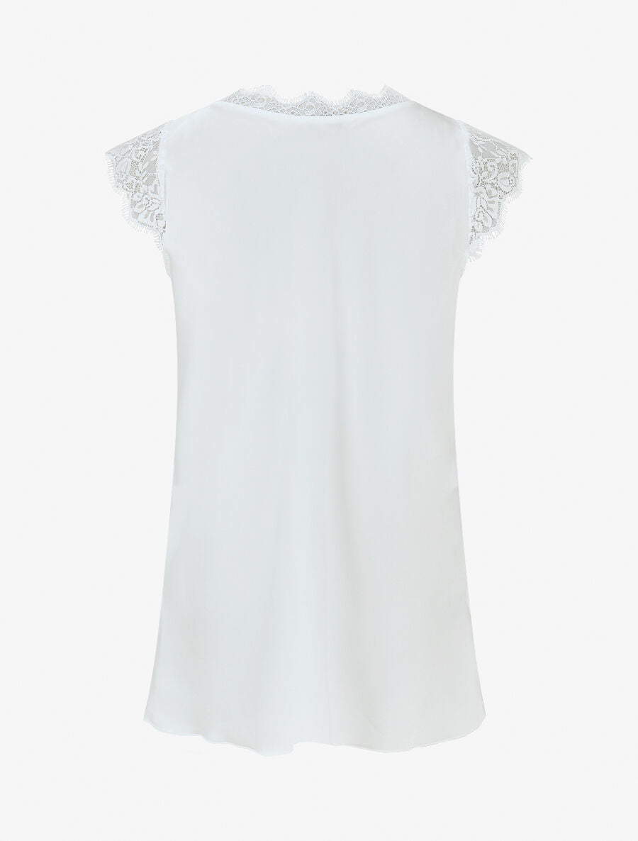 Top satiné à épaules en dentelle - Blanc - 2