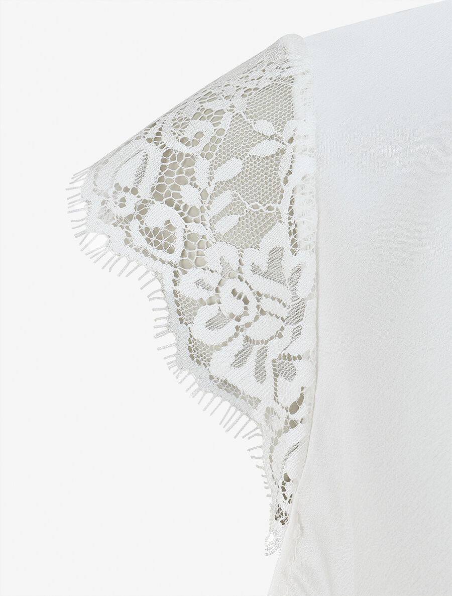 Top satiné à épaules en dentelle - Blanc - 3