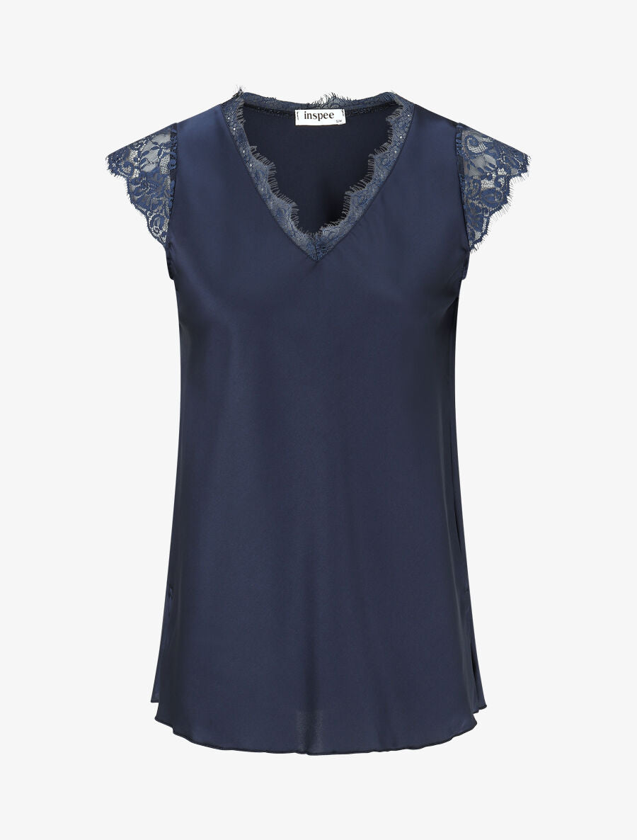 Top satiné à épaules en dentelle - Marine - 1