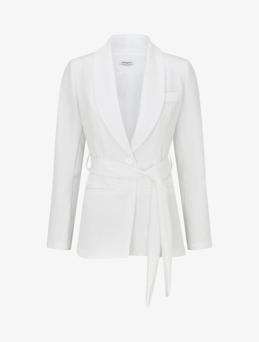 Veste unie à ceinture à nouer - Blanc - 1