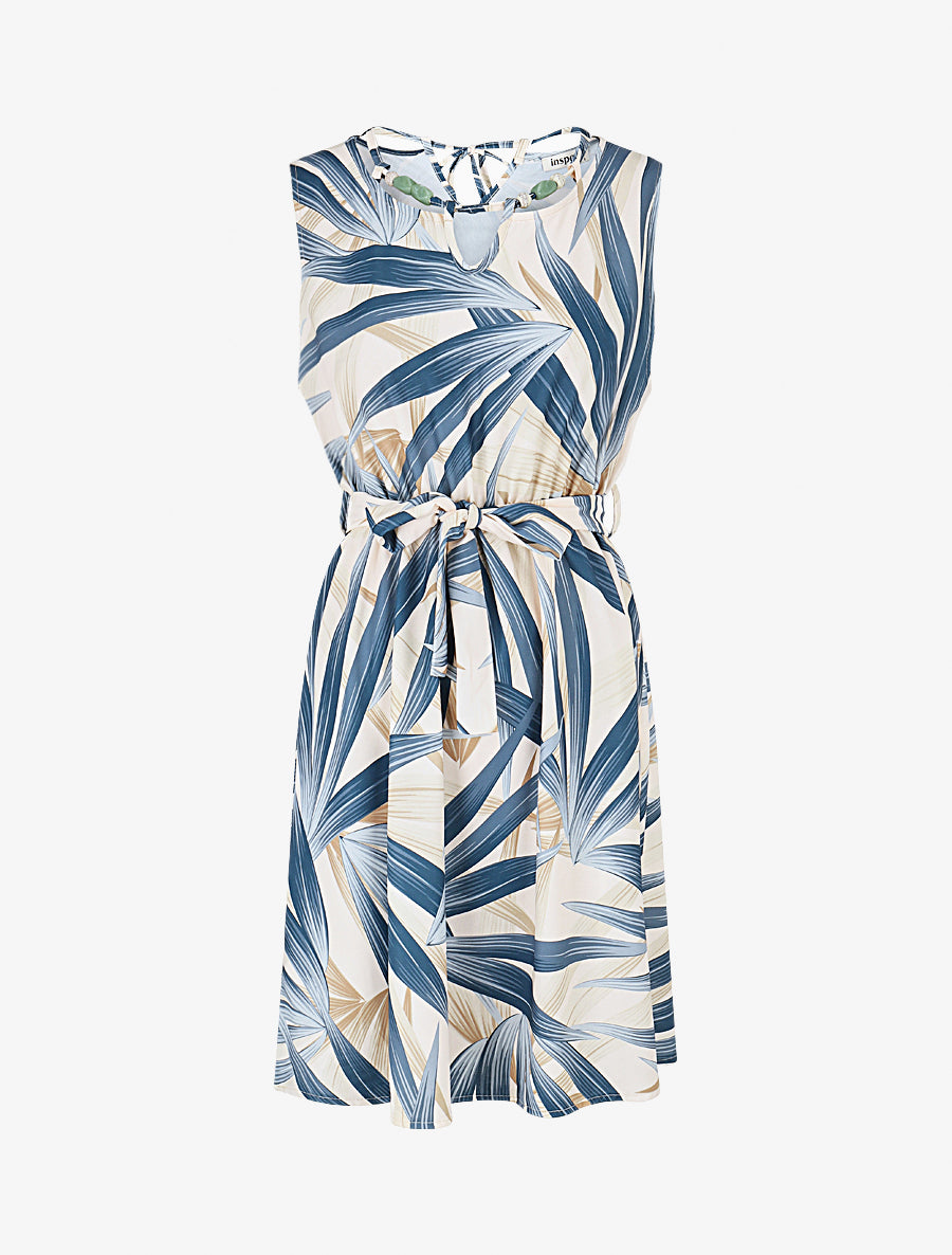 Robe mi-longue à col à perles et imprimé tropical - Marine - 1