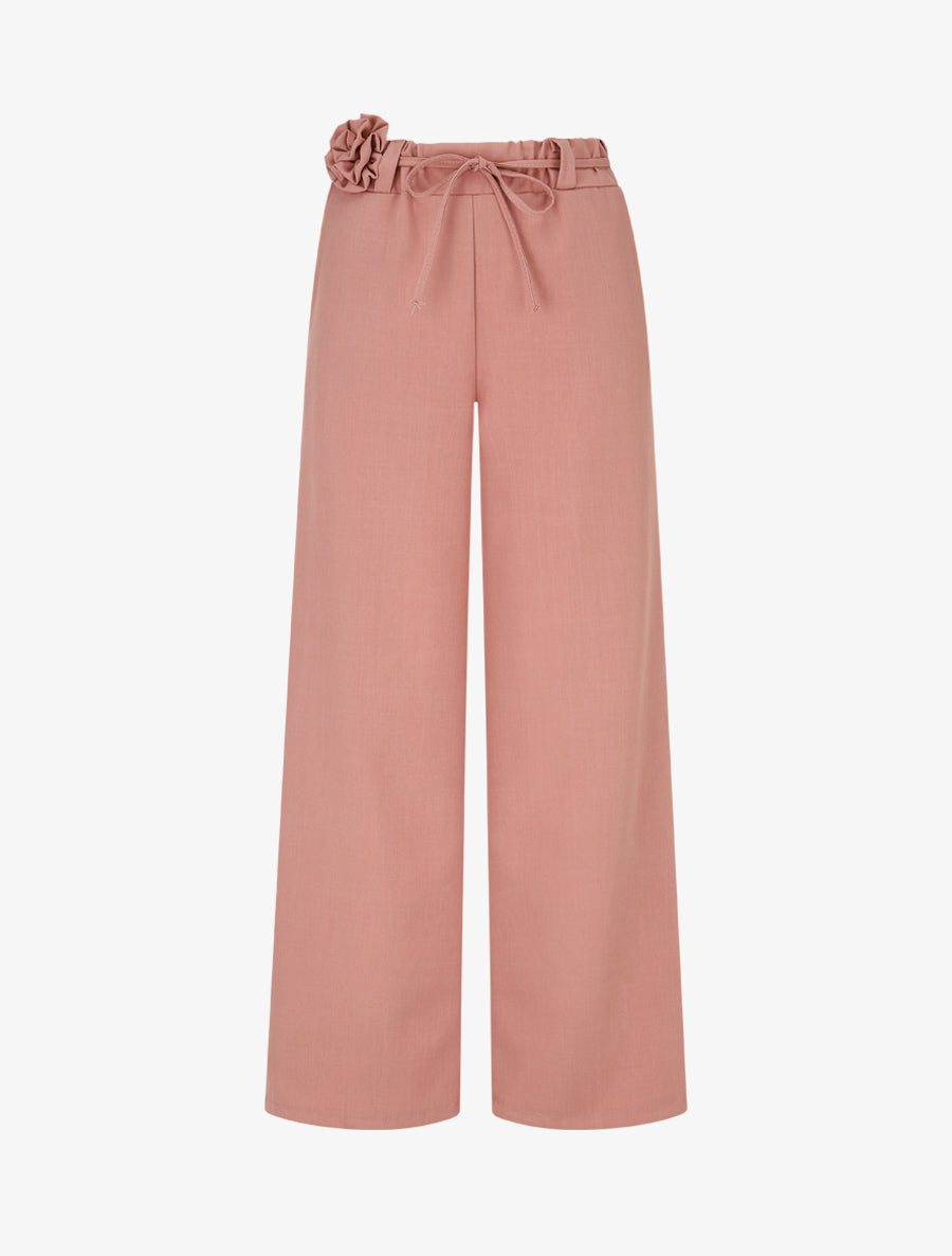 Pantalon droit taille haute à ceinture fleurie - Rose - 1