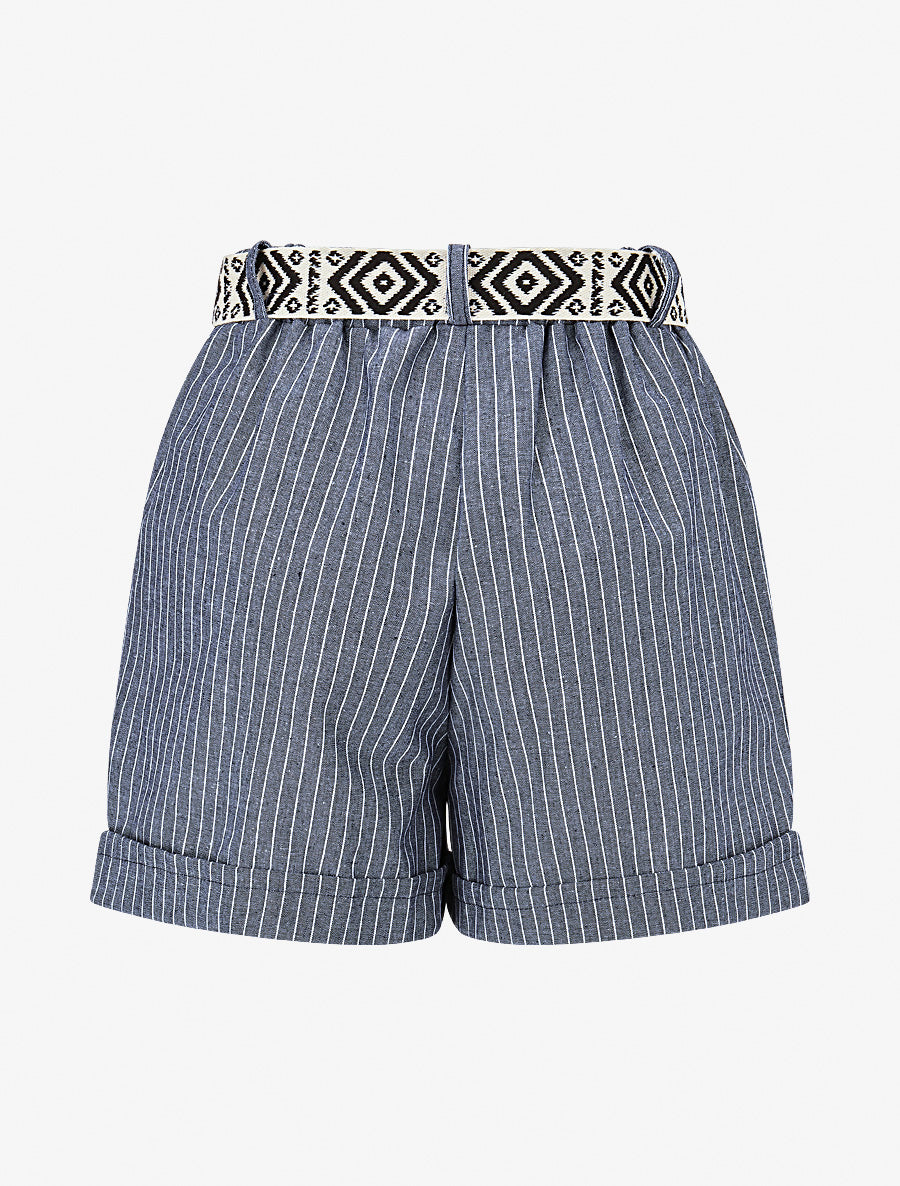 Short rayé ceinturé à revers - Bleu - 2