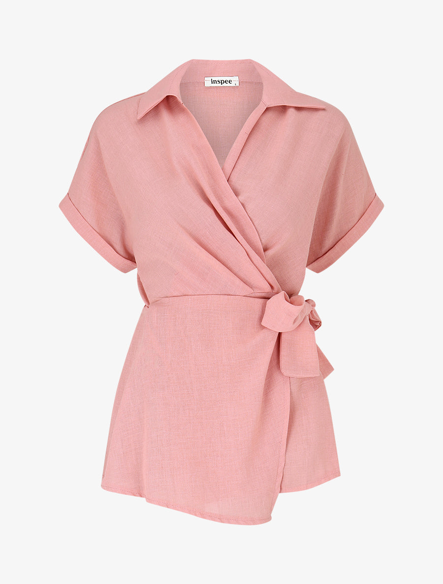 Blouse manches courtes à col cache-coeur - Rose - 1