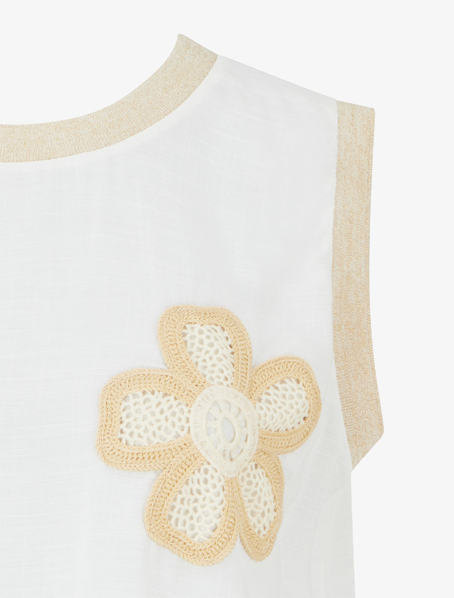 Top droit sans manches à fleur brodée - Blanc - 3