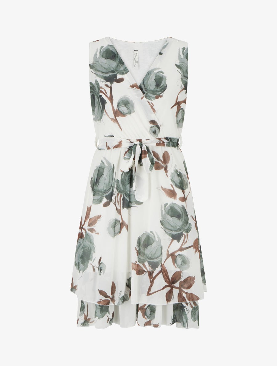 Robe patineuse sans manches imprimé roses - Kaki - 1