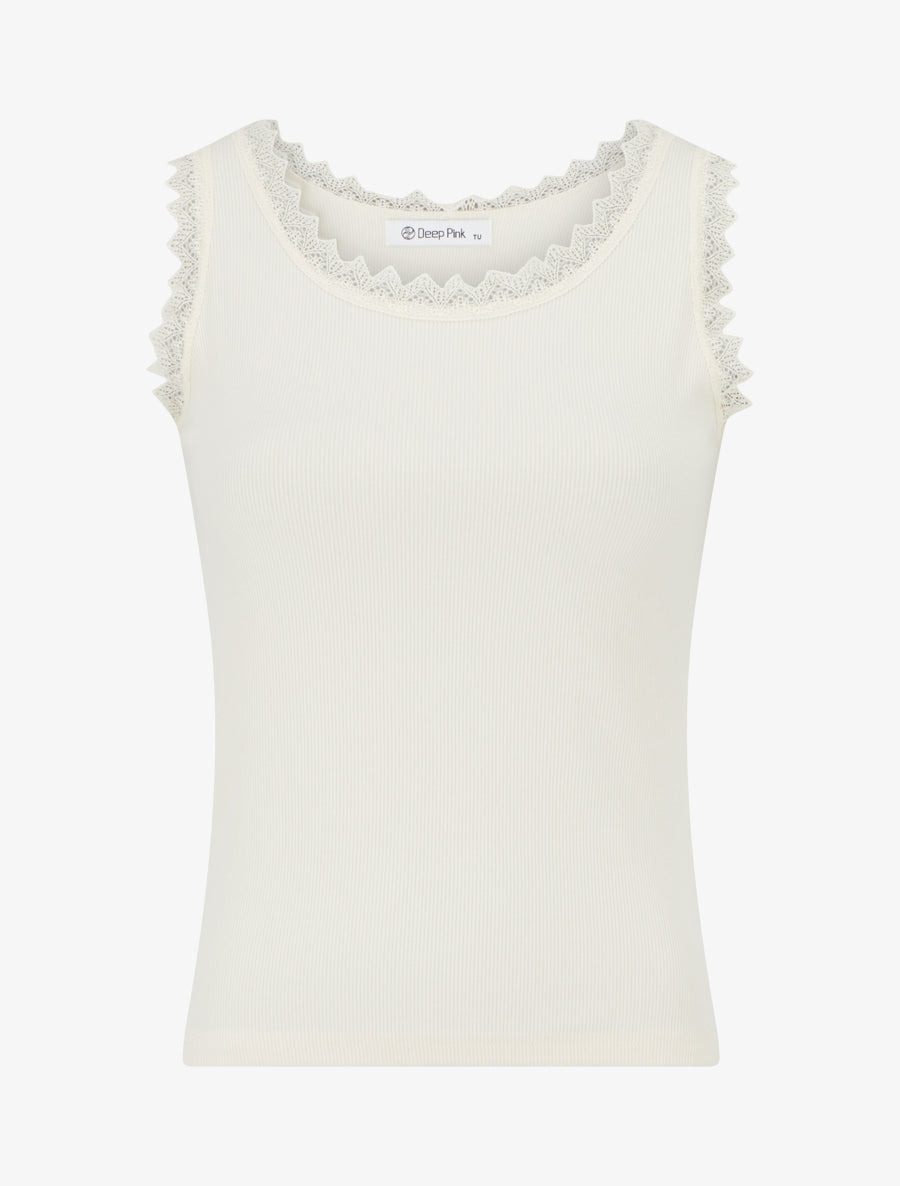 Débardeur côtelé à col dentelle - Beige clair - 1