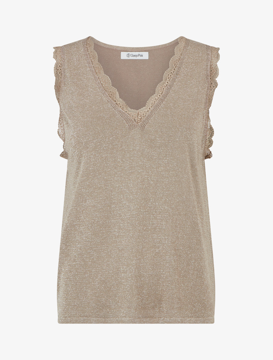 Débardeur irisée à col V en dentelle ondulée - Taupe - 1