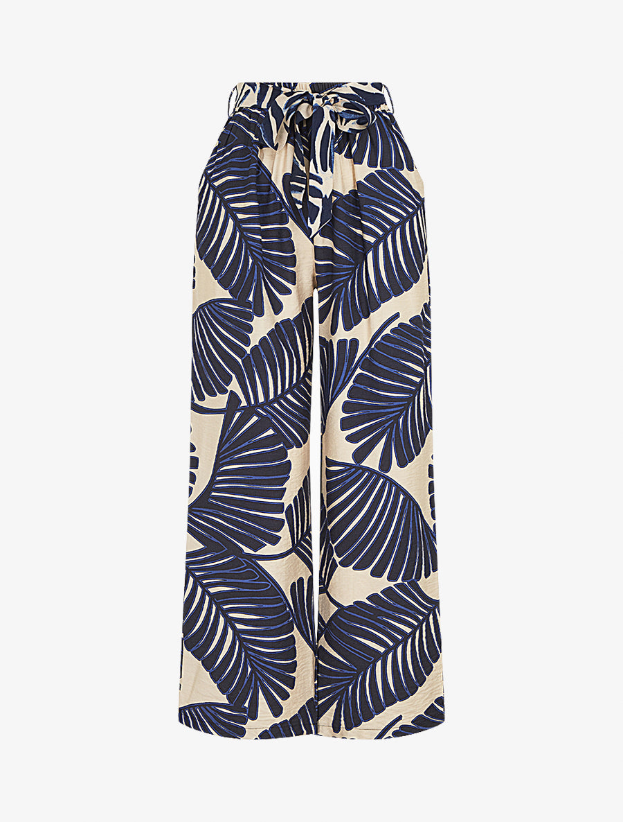 Pantalon imprimé feuillage à taille haute élastiquée - Marine - 1