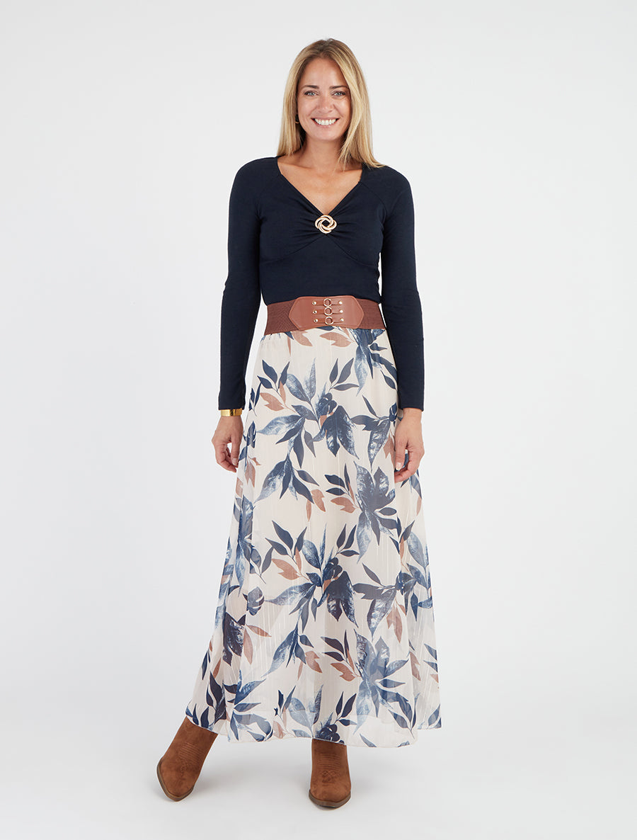 Jupe longue imprimé feuillage fantaisie - Marine - 8