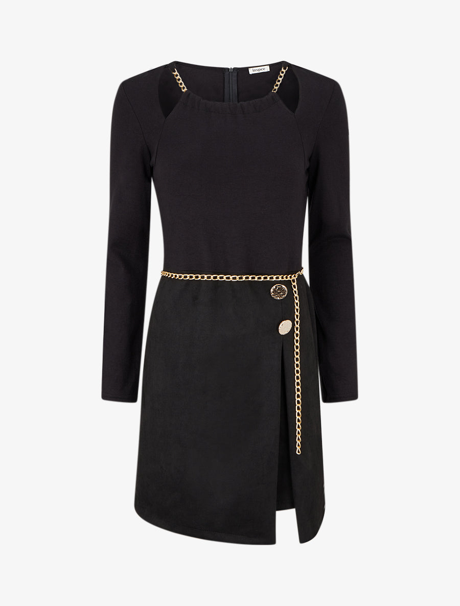 Robe fendue à col détail chaînes - Noir - 1