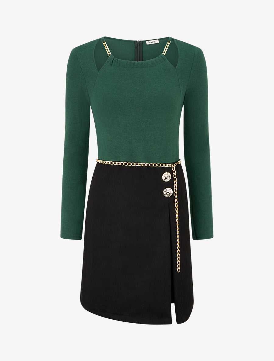 Robe fendue à col détail chaînes - Vert sapin - 1