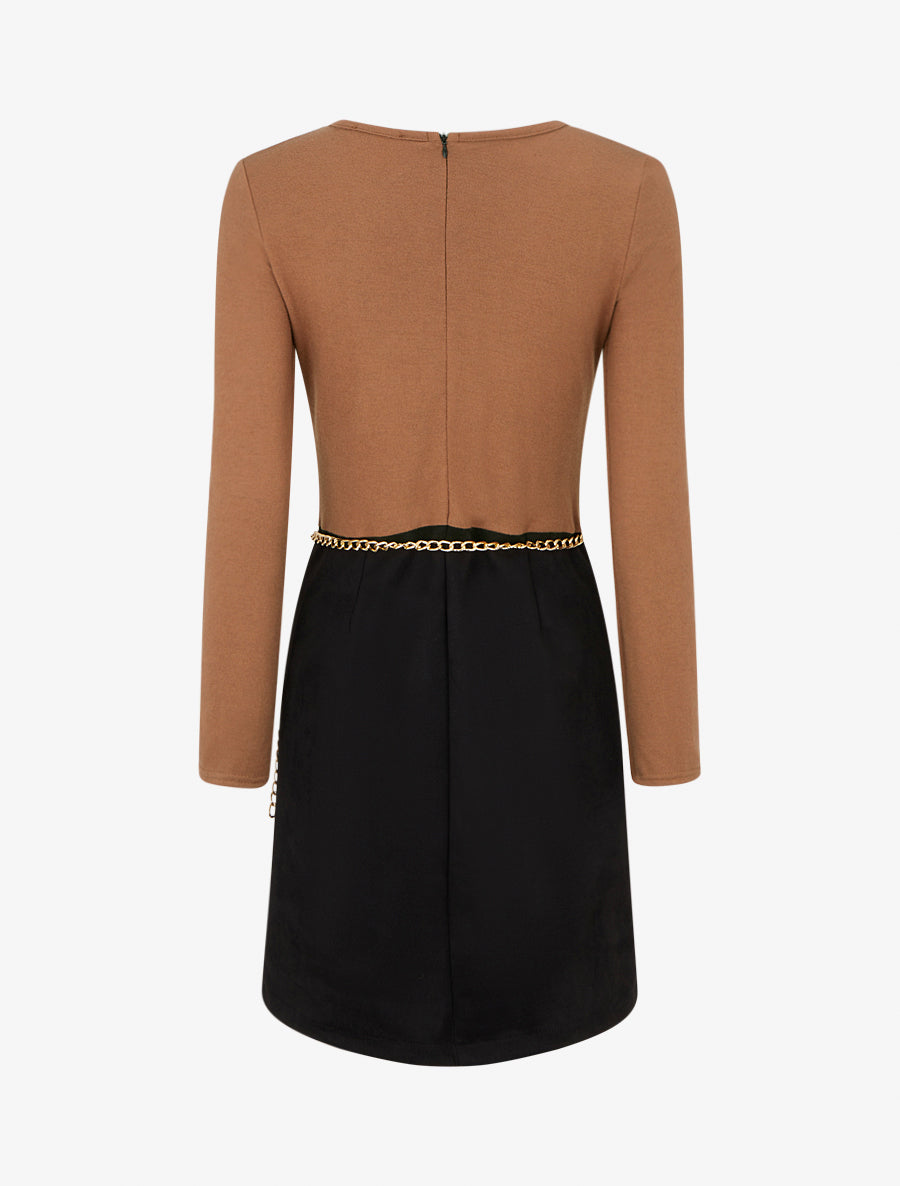 Robe fendue à col détail chaînes - Camel - 2
