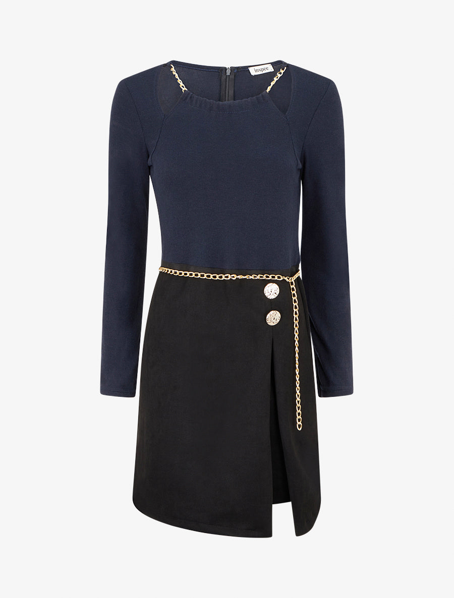 Robe fendue à col détail chaînes - Bleu nuit - 1