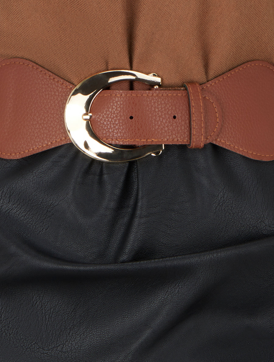 Robe bi-matière à col V froncé - Camel - 3