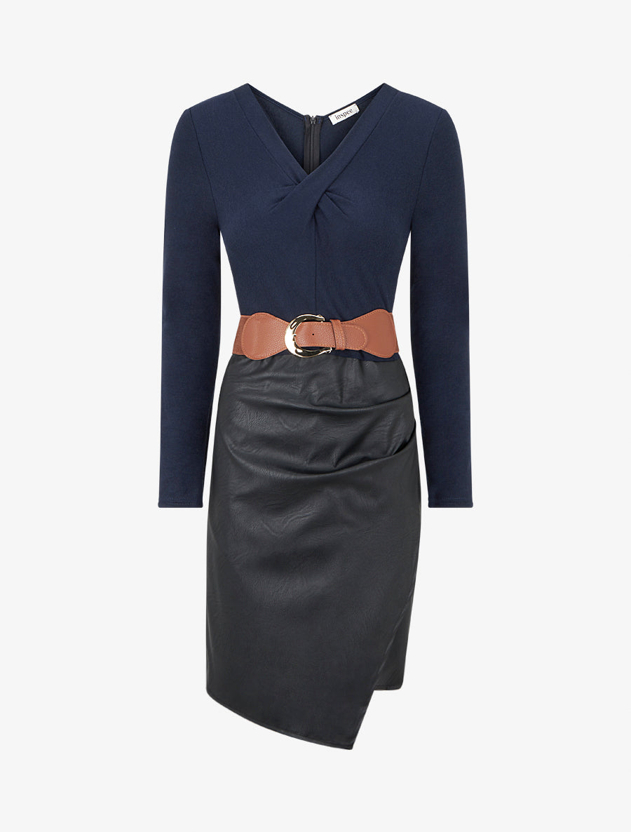 Robe bi-matière à col V froncé - Bleu nuit - 1