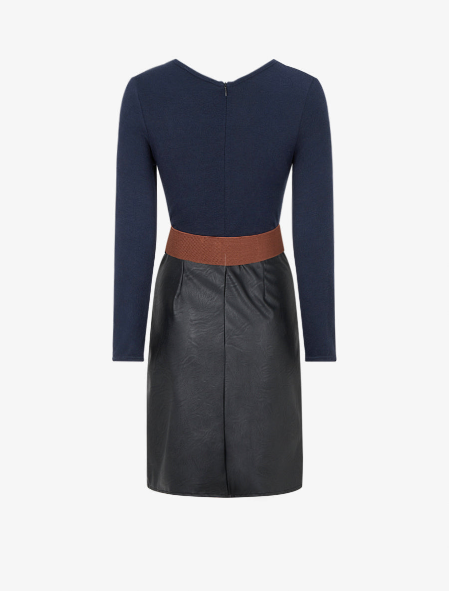 Robe bi-matière à col V froncé - Bleu nuit - 2