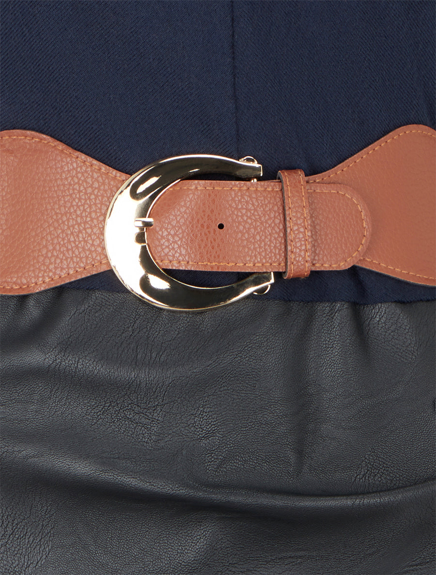 Robe bi-matière à col V froncé - Bleu nuit - 3