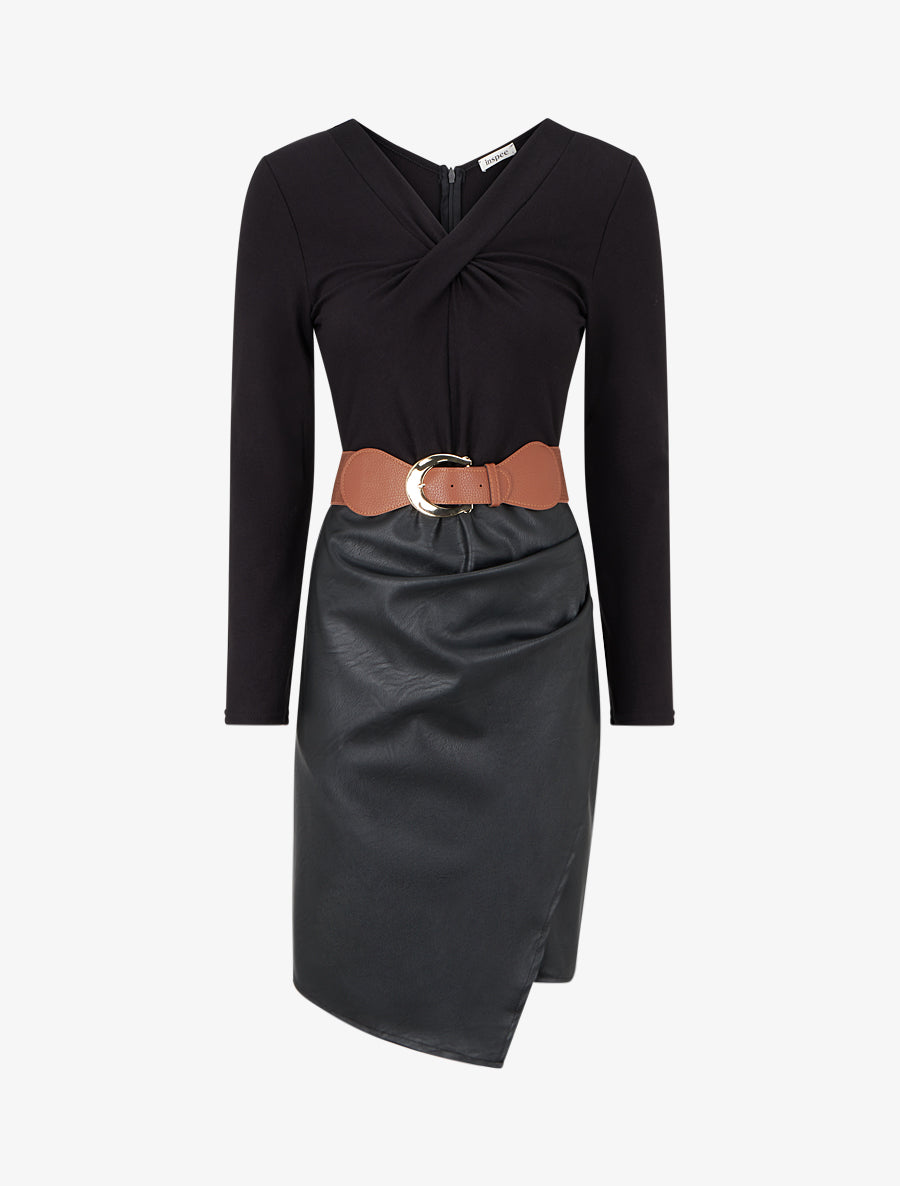 Robe bi-matière à col V froncé - Noir - 1