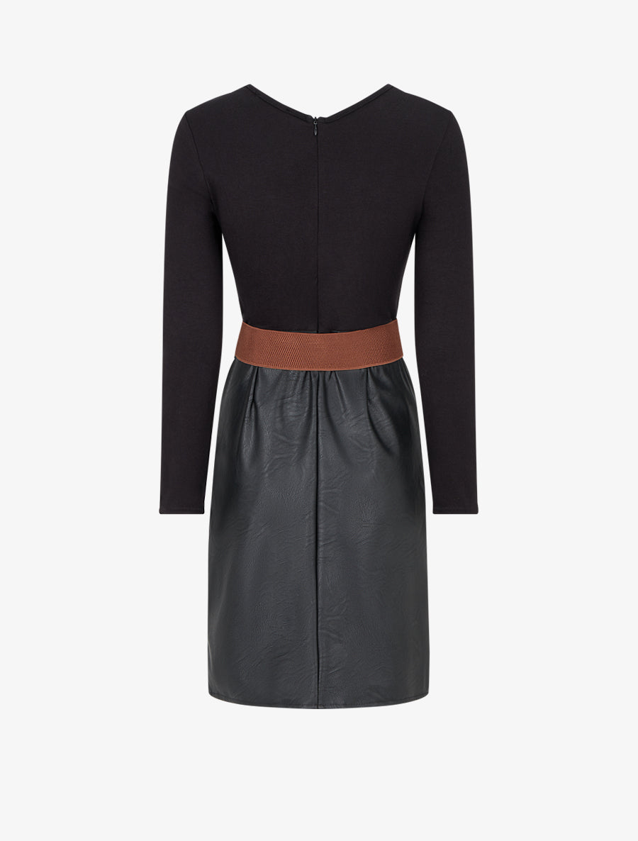 Robe bi-matière à col V froncé - Noir - 2