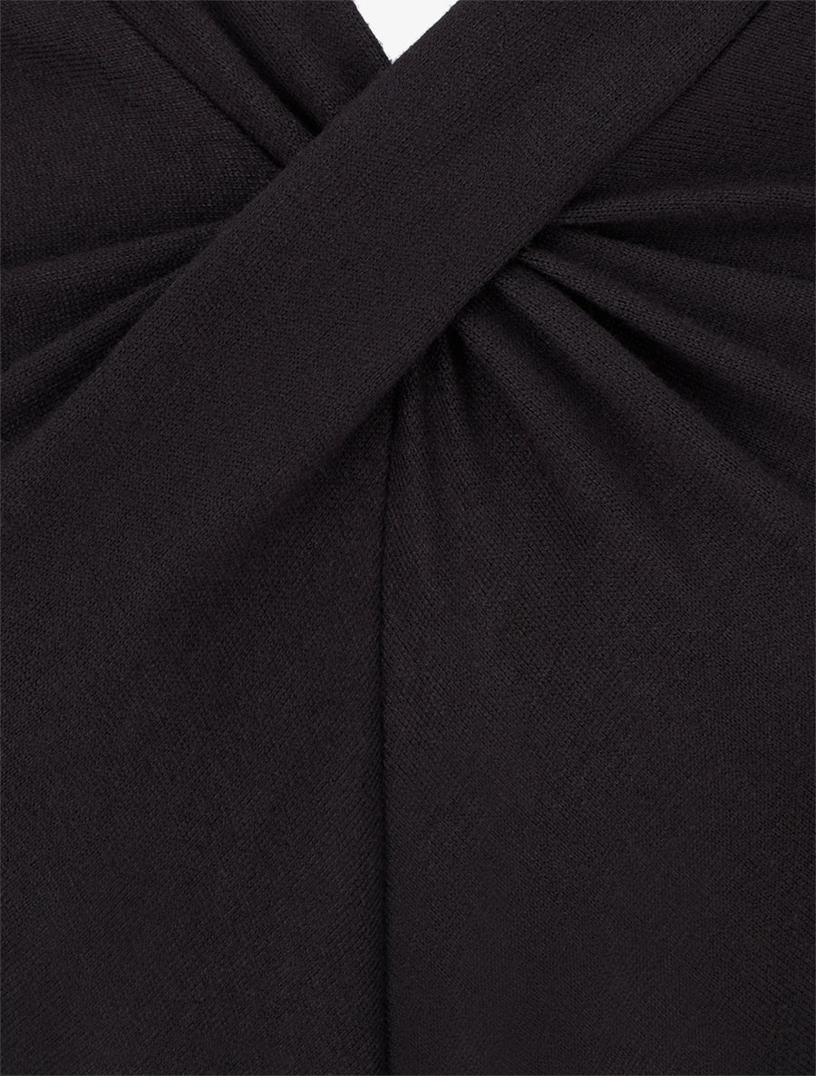 Robe bi-matière à col V froncé - Noir - 3