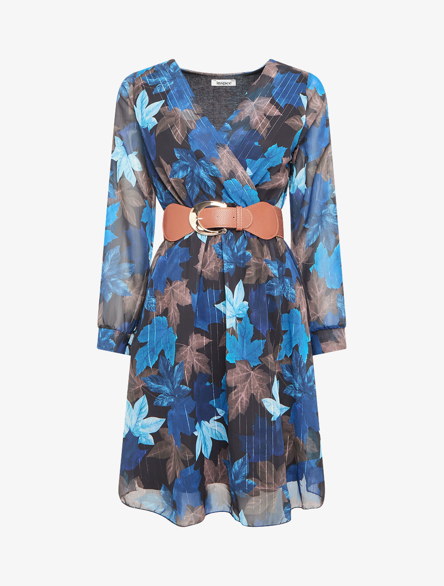 Robe mi-longue évasée imprimé feuilles - Marine - 1